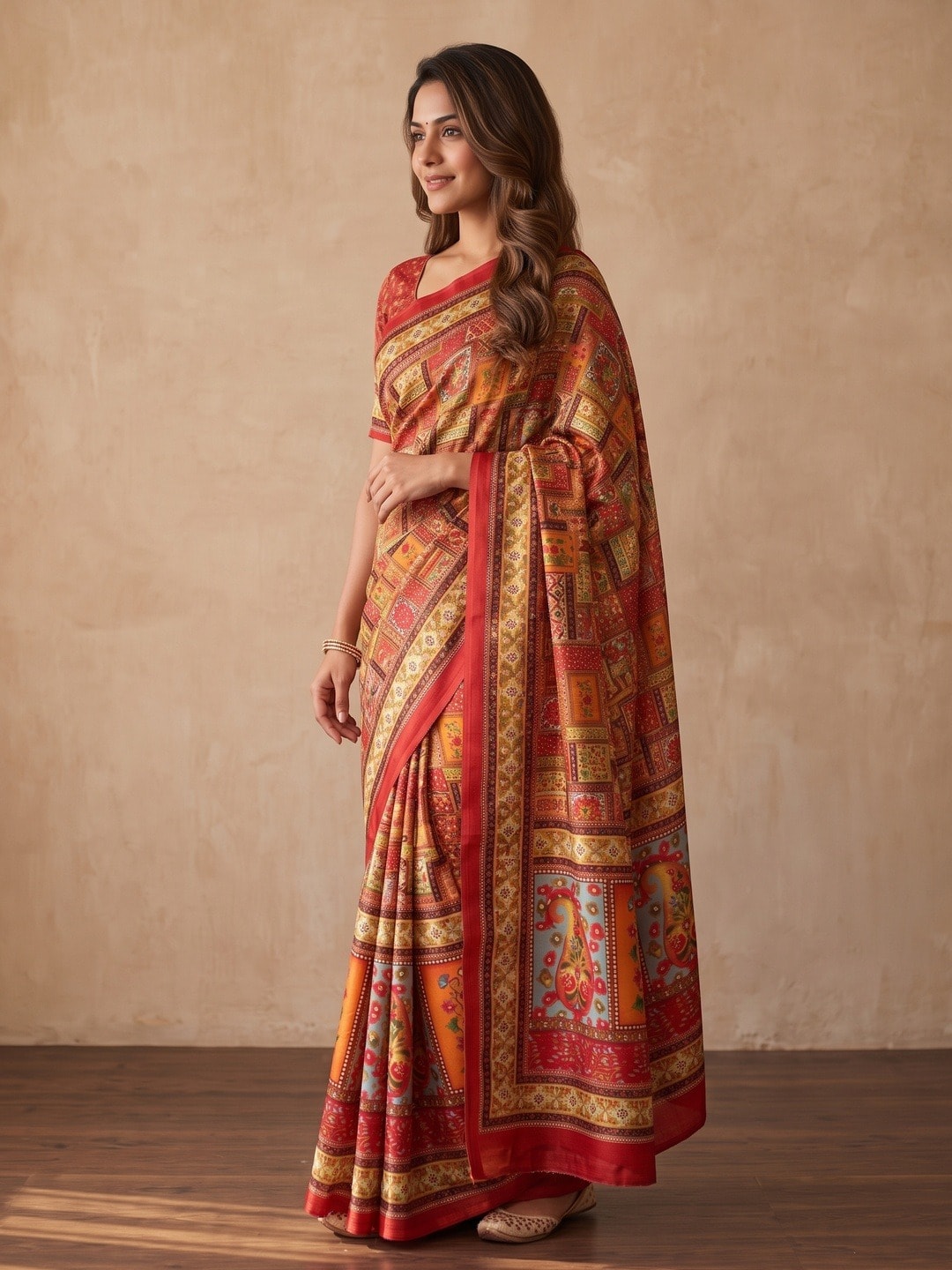 Peachmode Red Chinon Saree With Ethnic Print And Mirror Work - Image 2