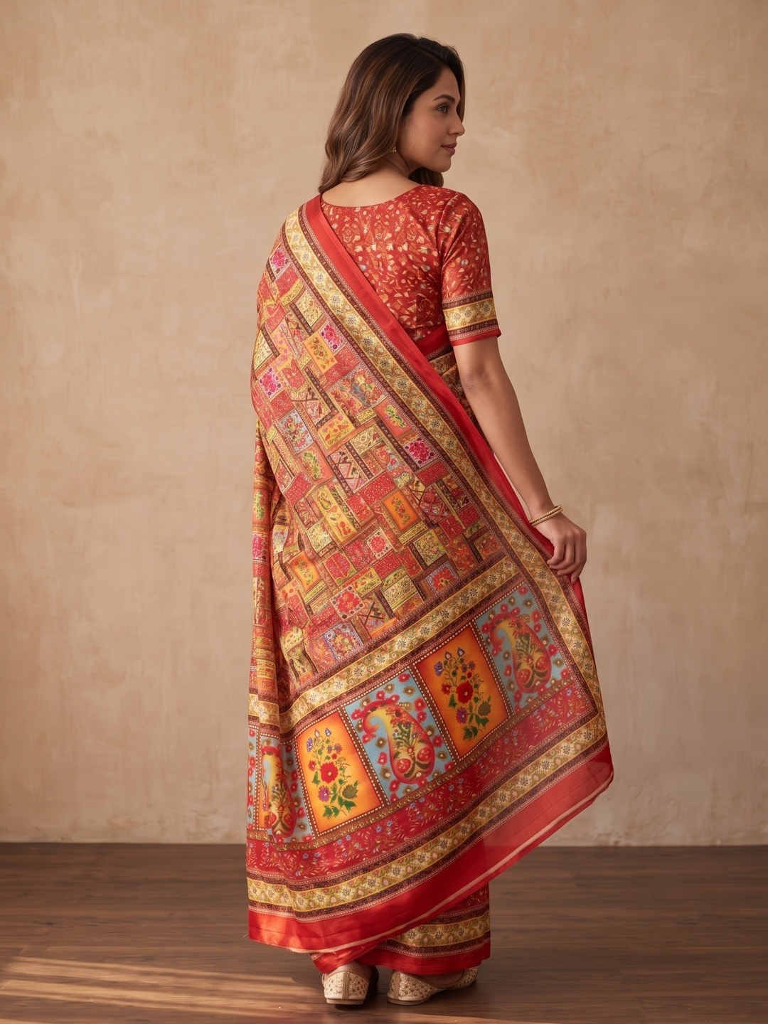 Peachmode Red Chinon Saree With Ethnic Print And Mirror Work - Image 4