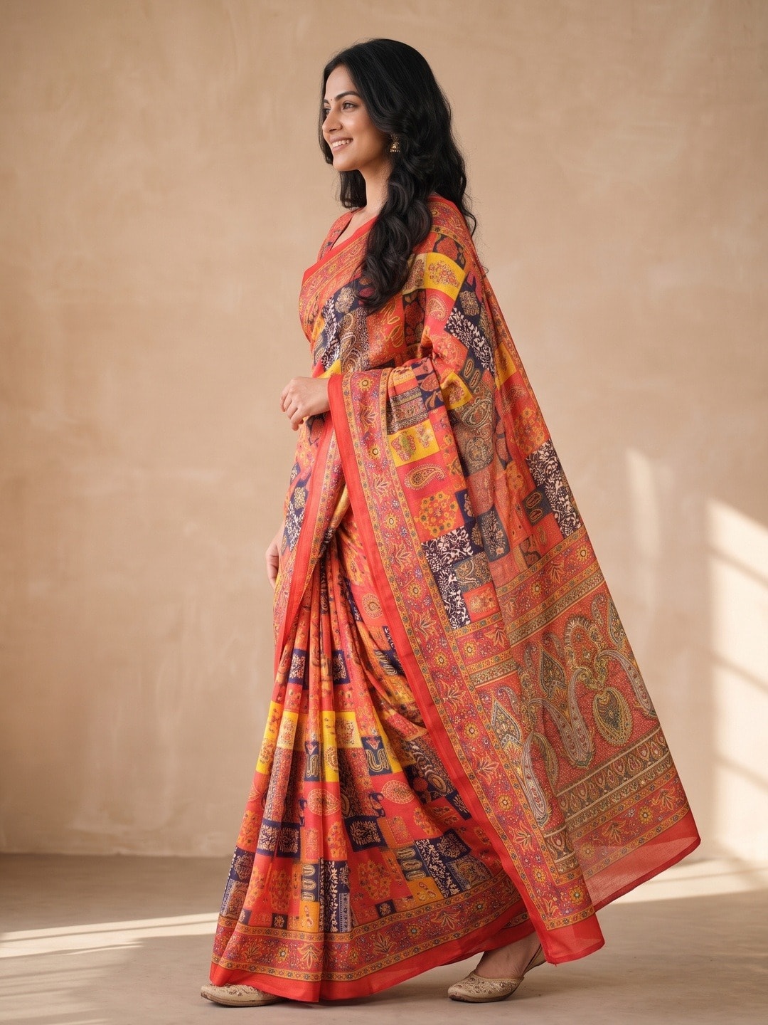 Peachmode Orange Chinon Saree With Ethnic Print And Mirror Work - Image 2