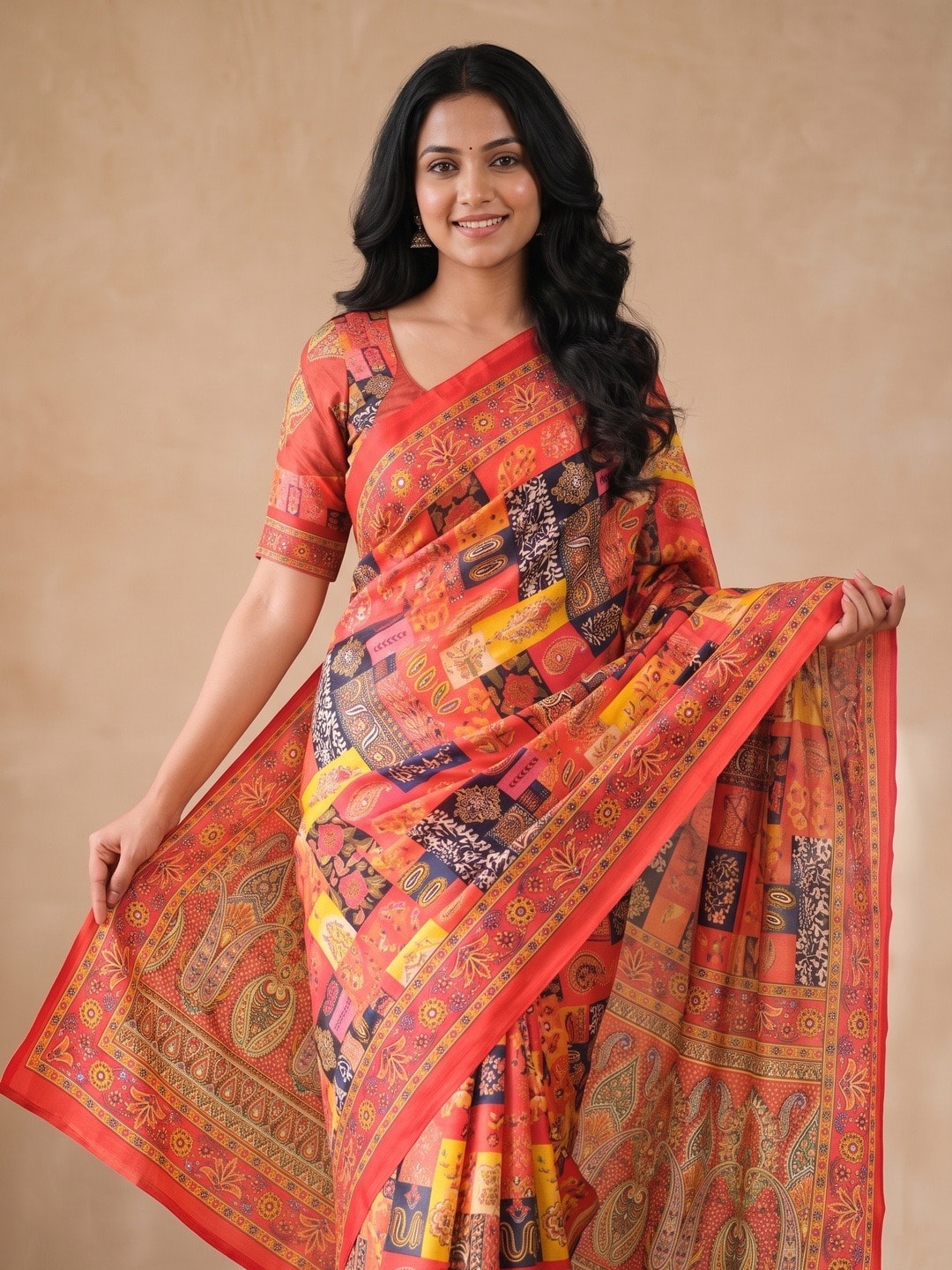 Peachmode Orange Chinon Saree With Ethnic Print And Mirror Work - Image 3
