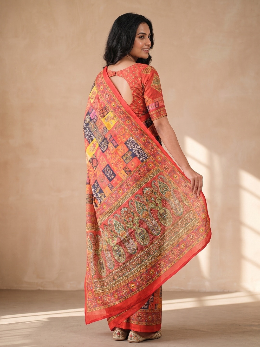 Peachmode Orange Chinon Saree With Ethnic Print And Mirror Work - Image 4