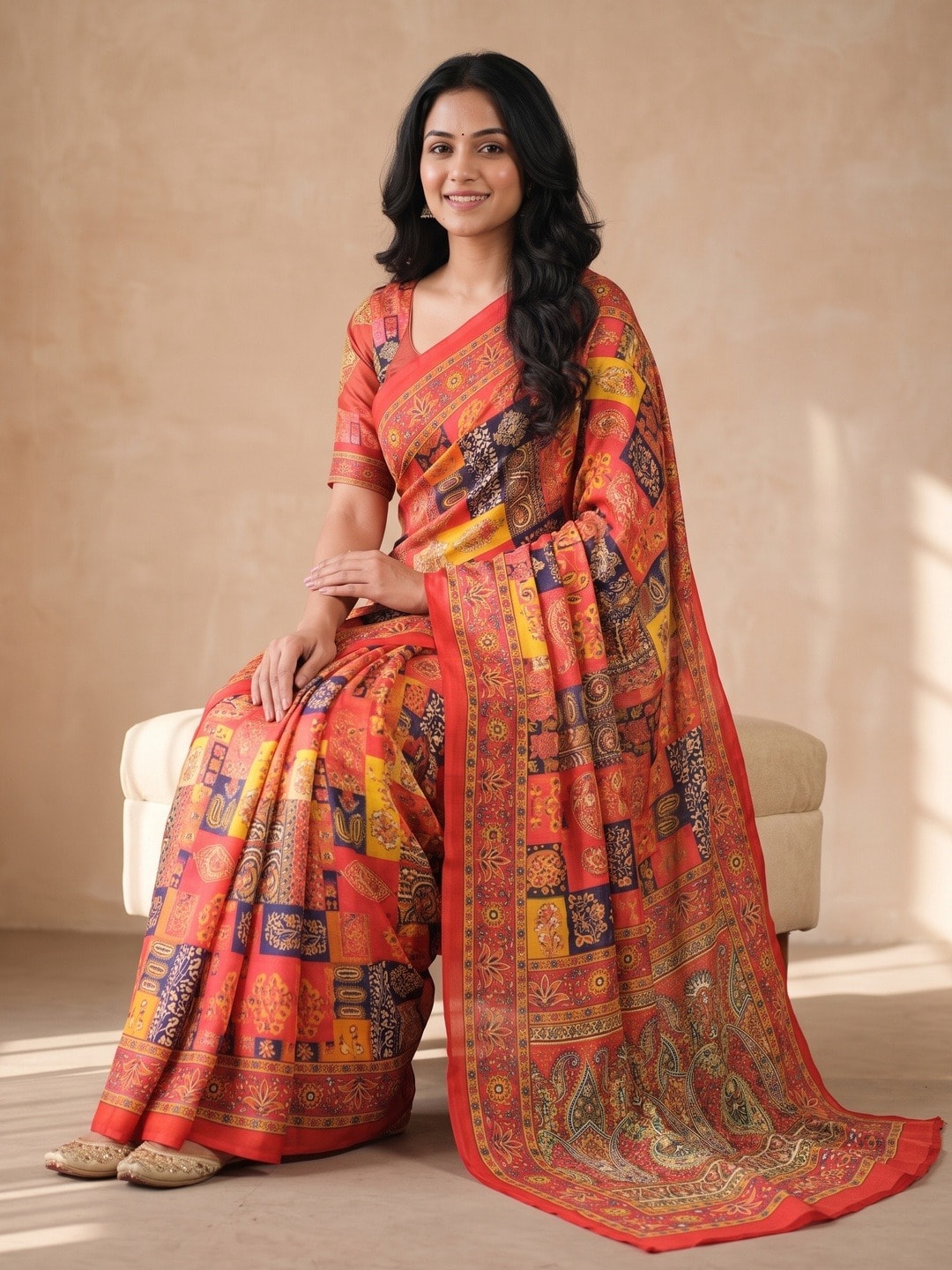 Peachmode Orange Chinon Saree With Ethnic Print And Mirror Work - Image 5