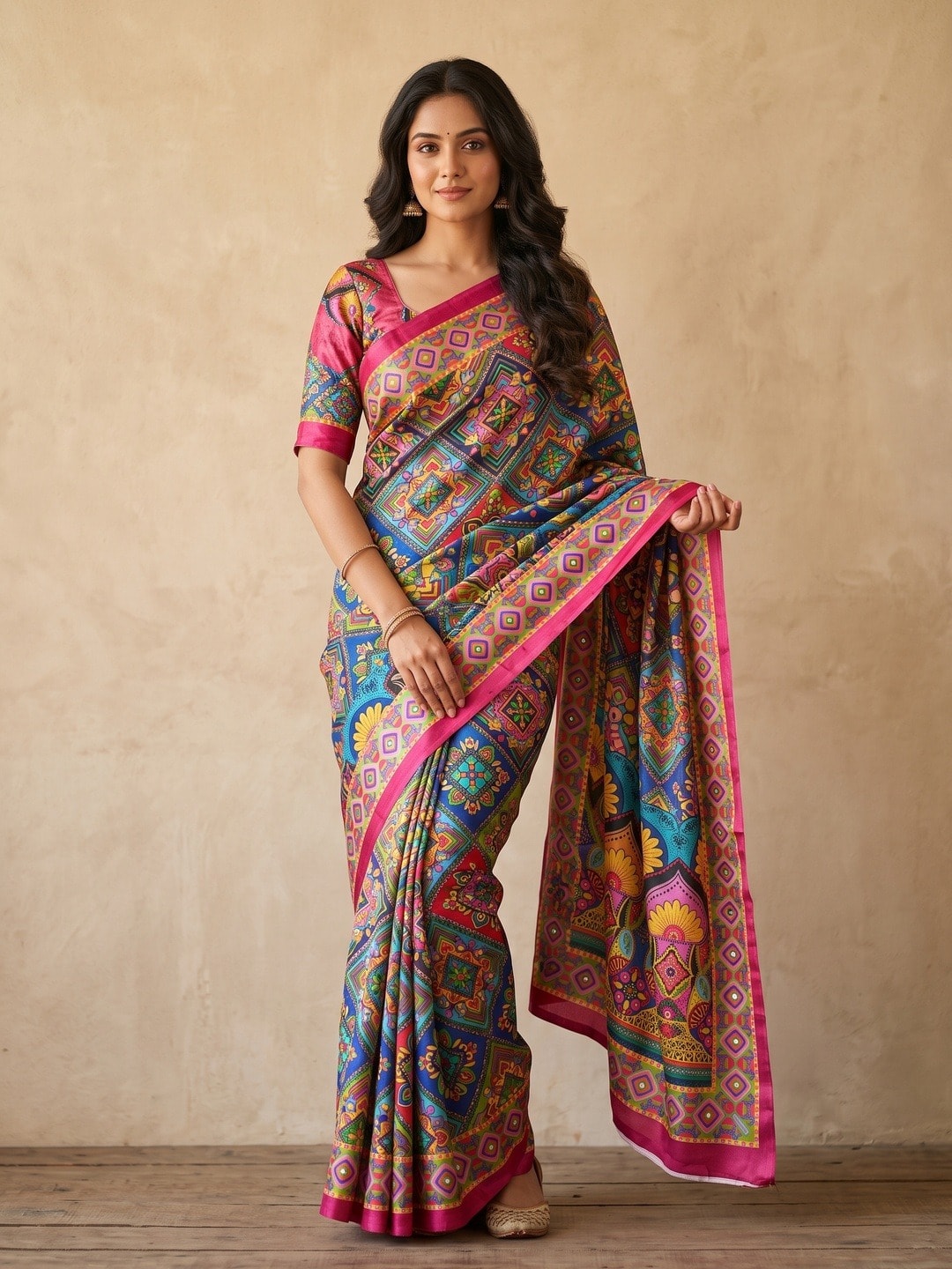 Peachmode Multicolor Chinon Saree With Ethnic Print And Mirror Work - Image 1