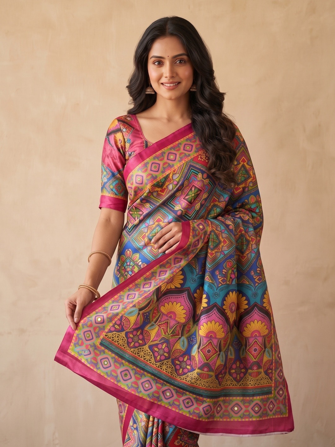 Peachmode Multicolor Chinon Saree With Ethnic Print And Mirror Work - Image 3