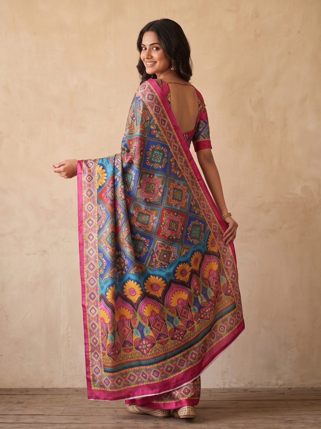 Peachmode Multicolor Chinon Saree With Ethnic Print And Mirror Work - Image 4