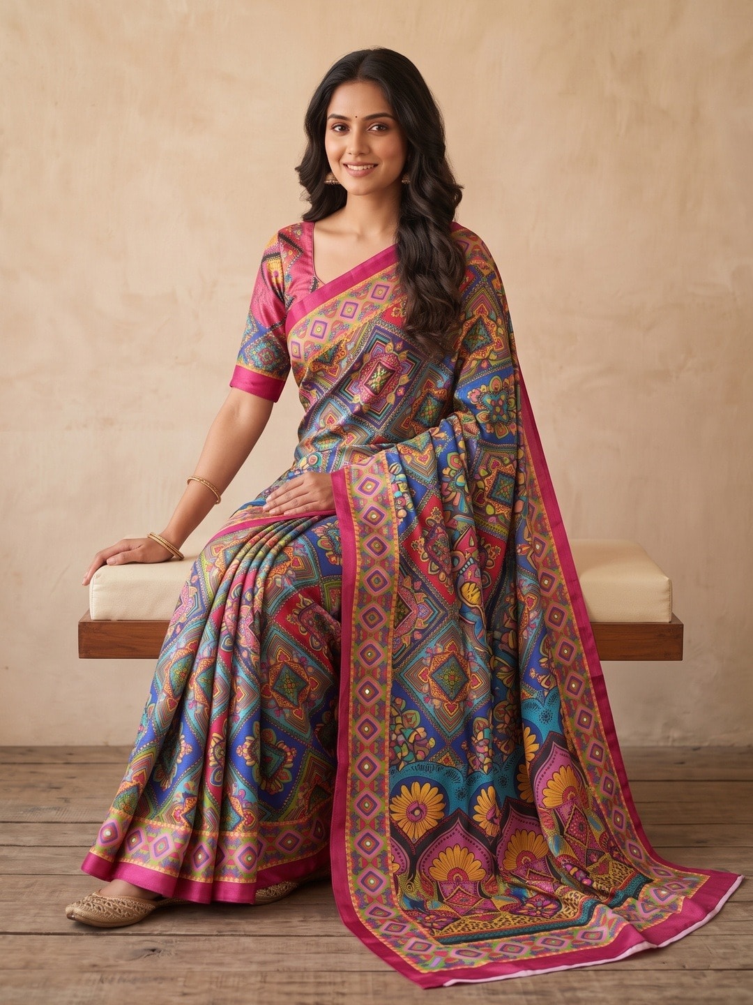 Peachmode Multicolor Chinon Saree With Ethnic Print And Mirror Work - Image 5