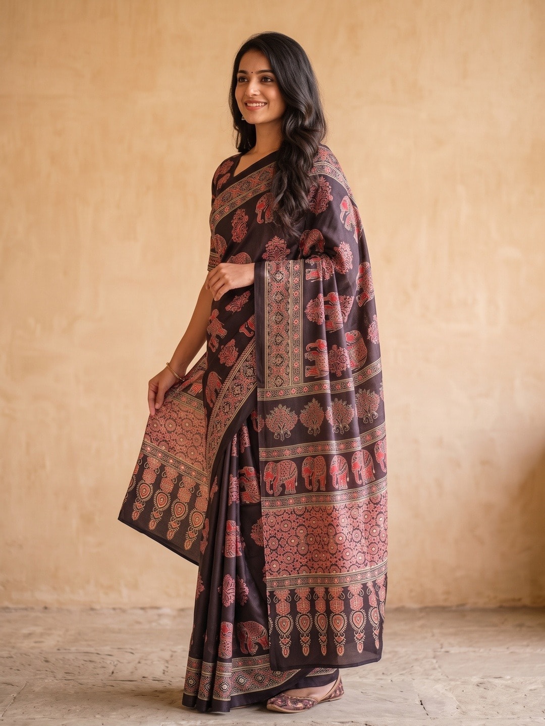Peachmode Black Chinon Saree With Ethnic Print And Mirror Work - Image 2