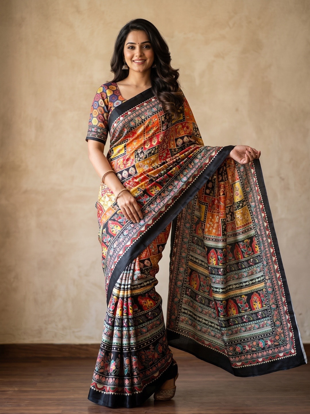 Peachmode Multicolor Chinon Saree With Ethnic Print And Mirror Work - Image 1