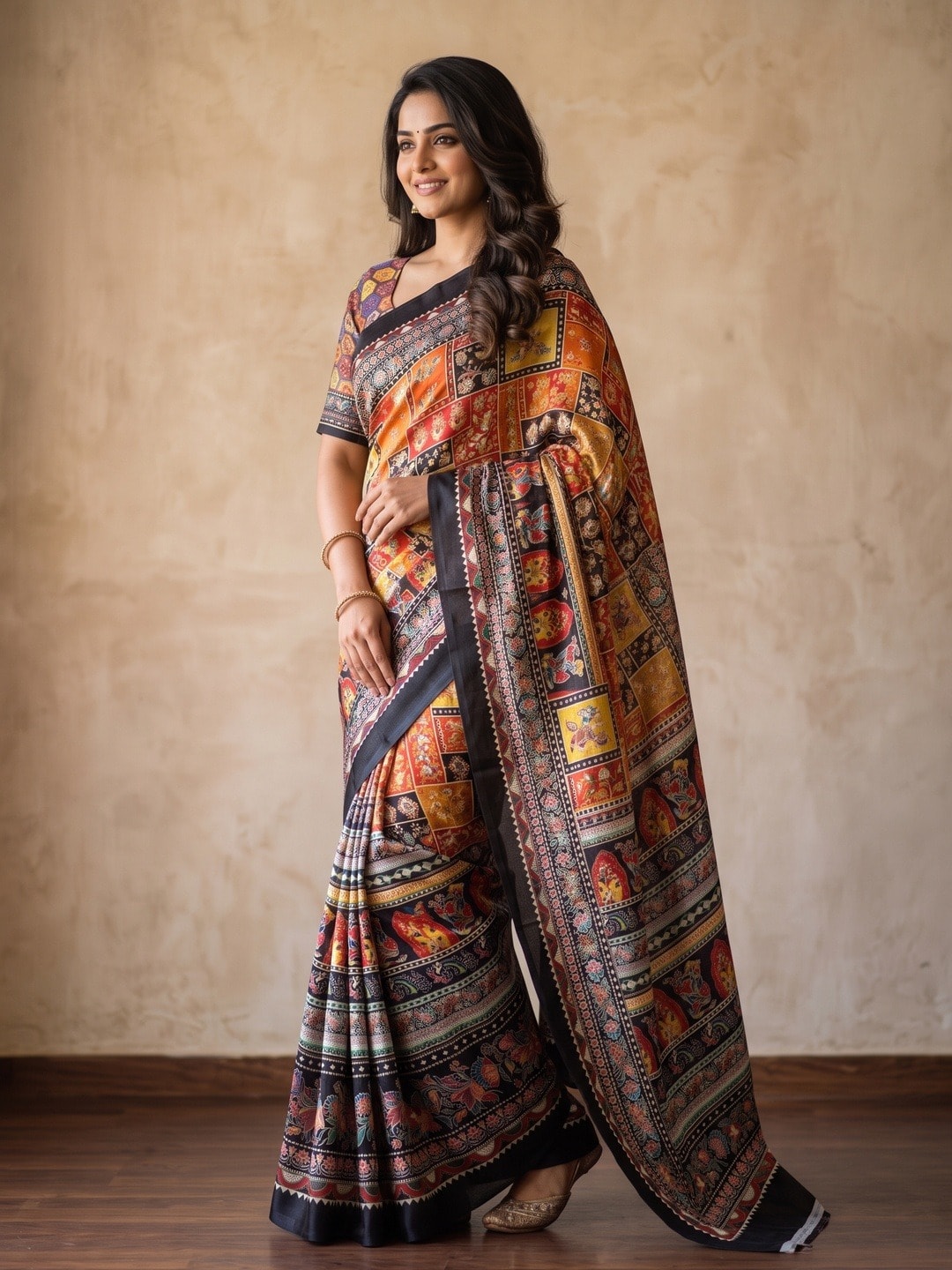 Peachmode Multicolor Chinon Saree With Ethnic Print And Mirror Work - Image 2