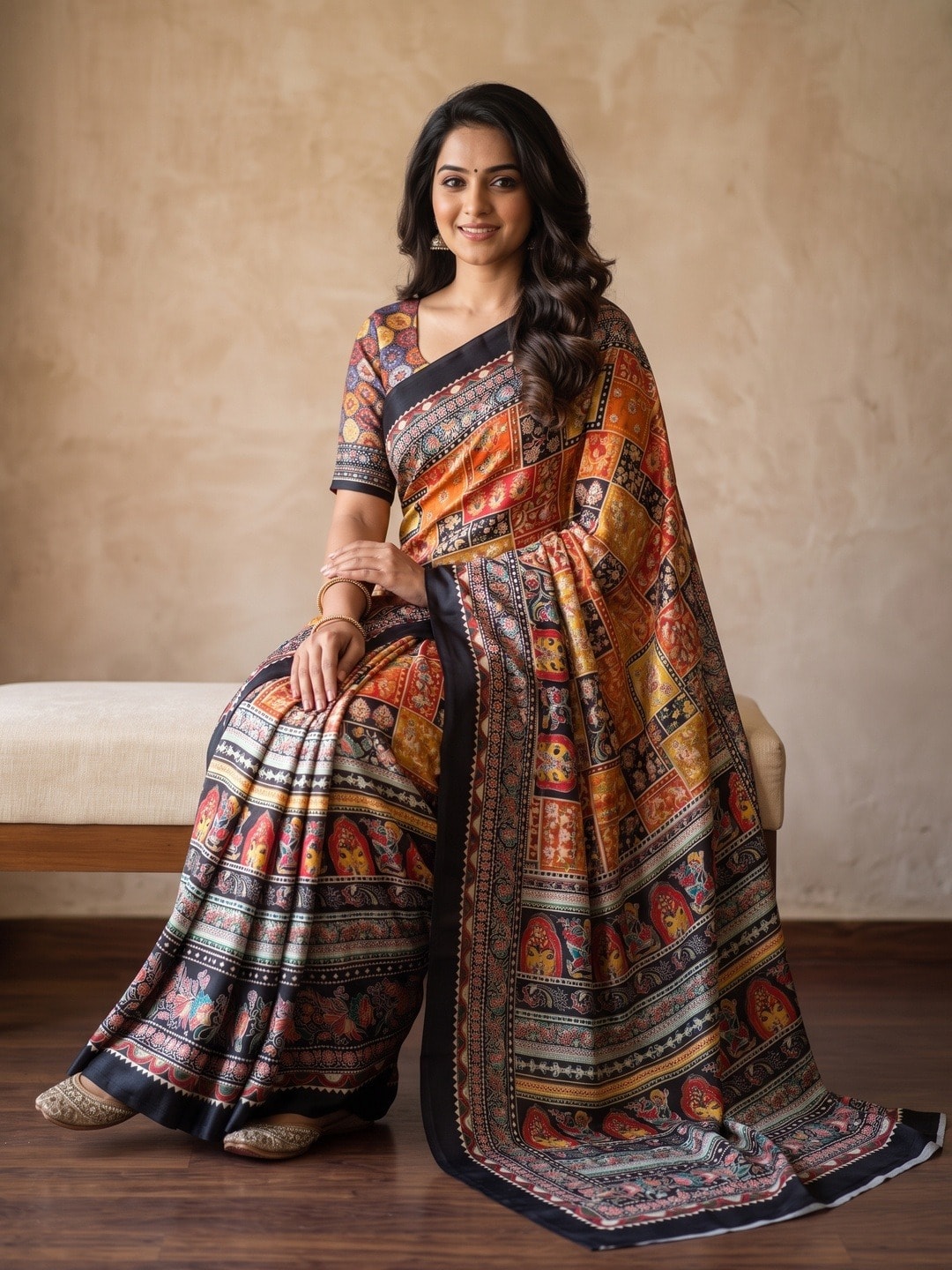 Peachmode Multicolor Chinon Saree With Ethnic Print And Mirror Work - Image 5
