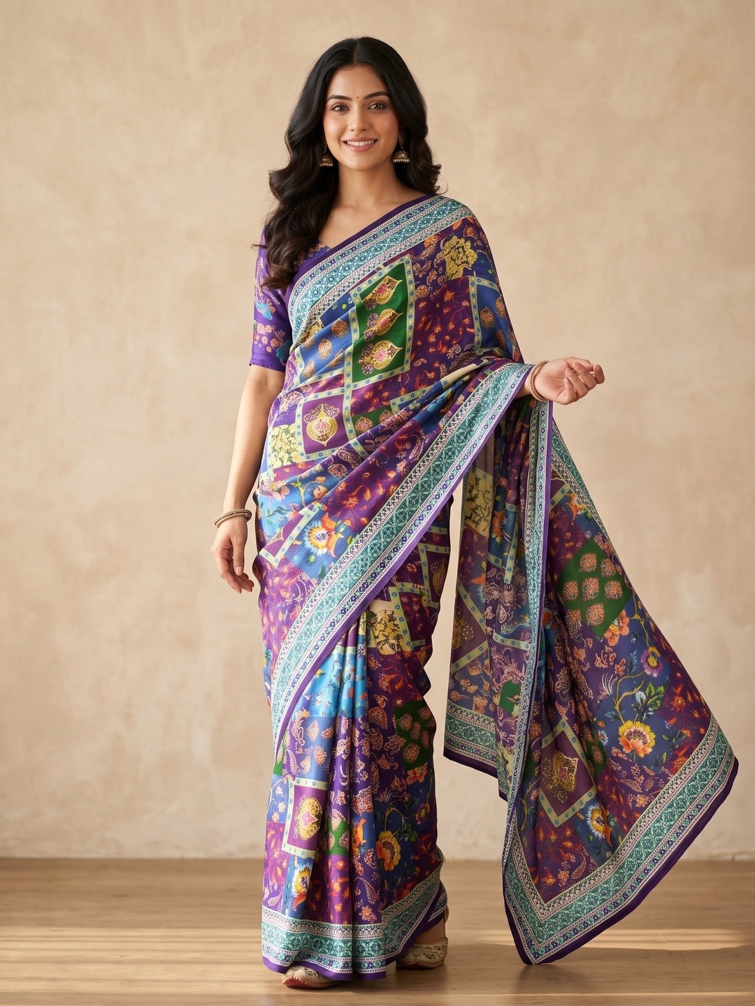 Peachmode Purple Chinon Saree With Ethnic Print And Mirror Work - Image 1