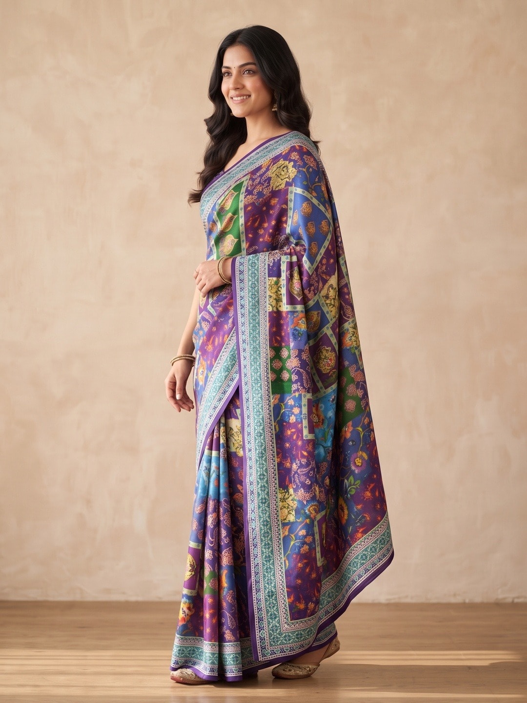 Peachmode Purple Chinon Saree With Ethnic Print And Mirror Work - Image 2