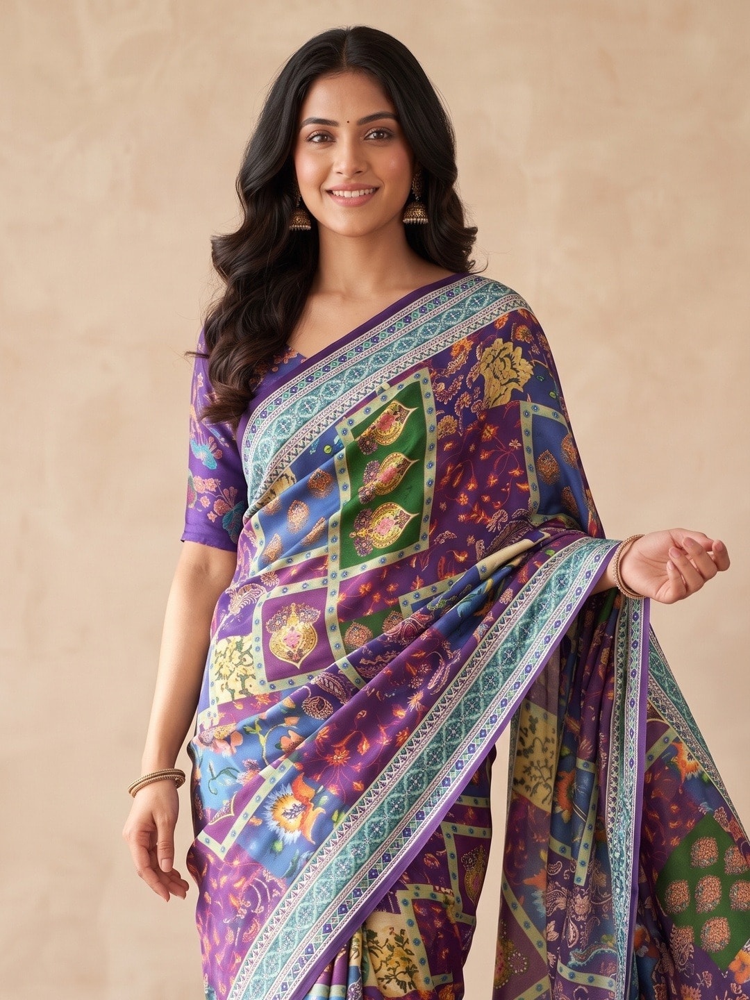 Peachmode Purple Chinon Saree With Ethnic Print And Mirror Work - Image 3