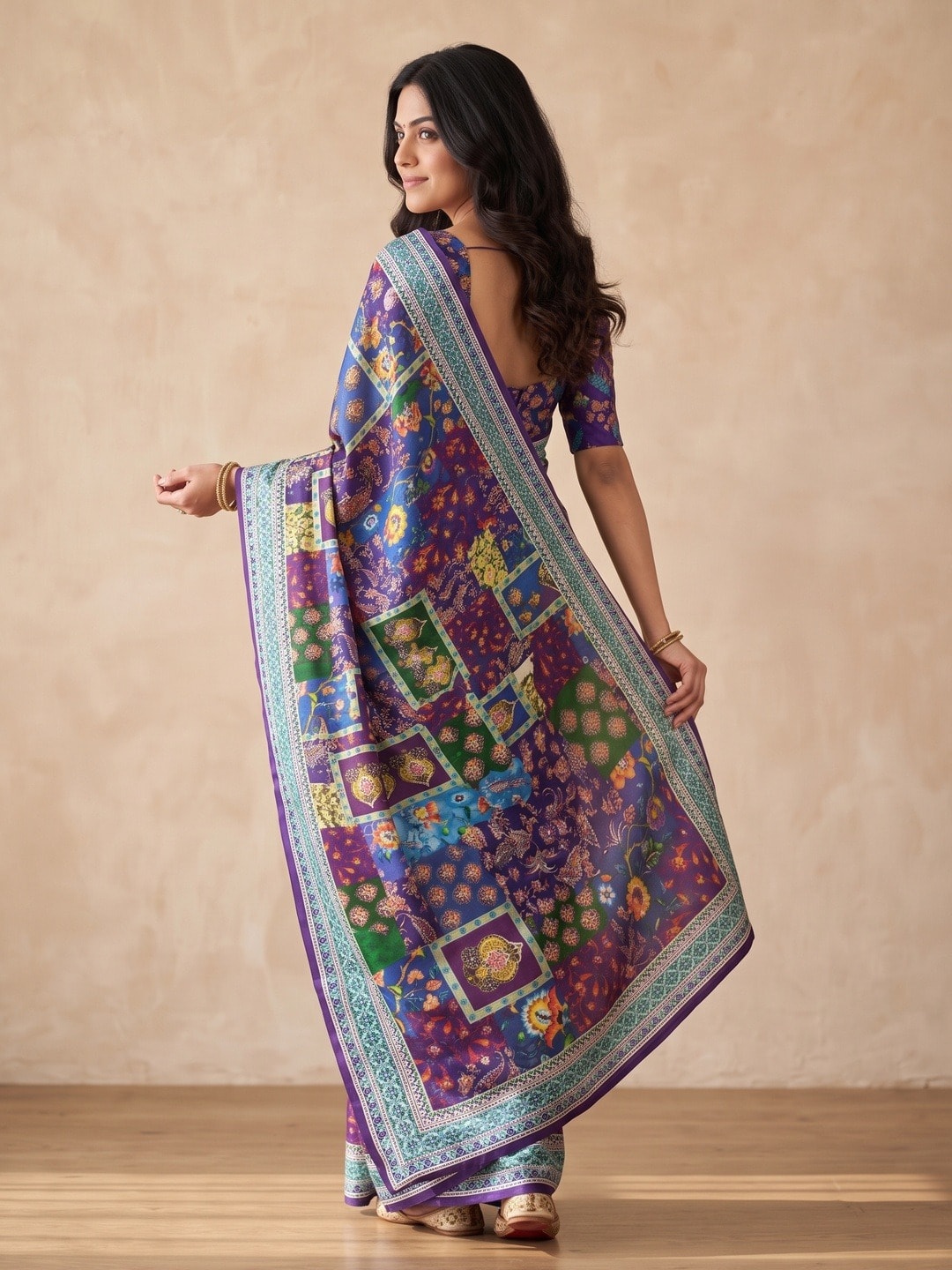 Peachmode Purple Chinon Saree With Ethnic Print And Mirror Work - Image 4
