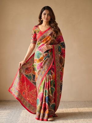 Peachmode Red Chinon Saree With Ethnic Print And Mirror Work - Image 1