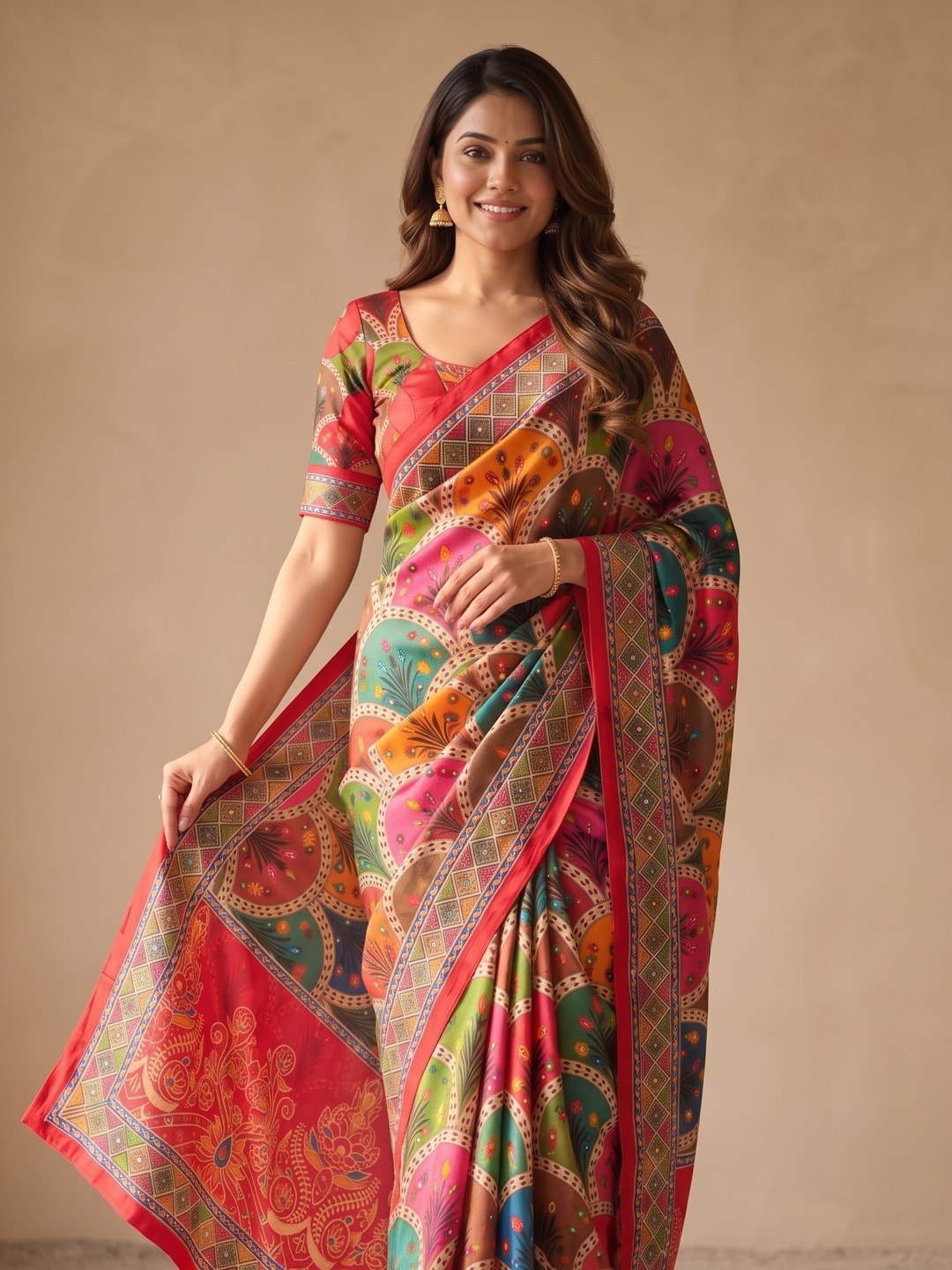 Peachmode Red Chinon Saree With Ethnic Print And Mirror Work - Image 3