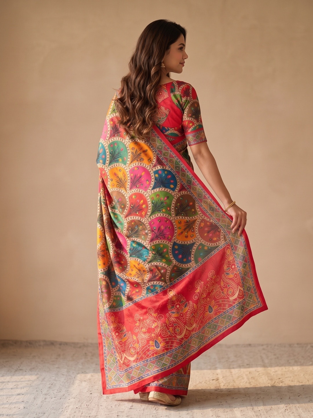 Peachmode Red Chinon Saree With Ethnic Print And Mirror Work - Image 4