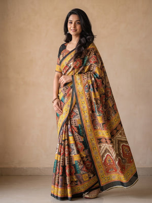 Peachmode Yellow Chinon Saree With Ethnic Print And Mirror Work - Image 2