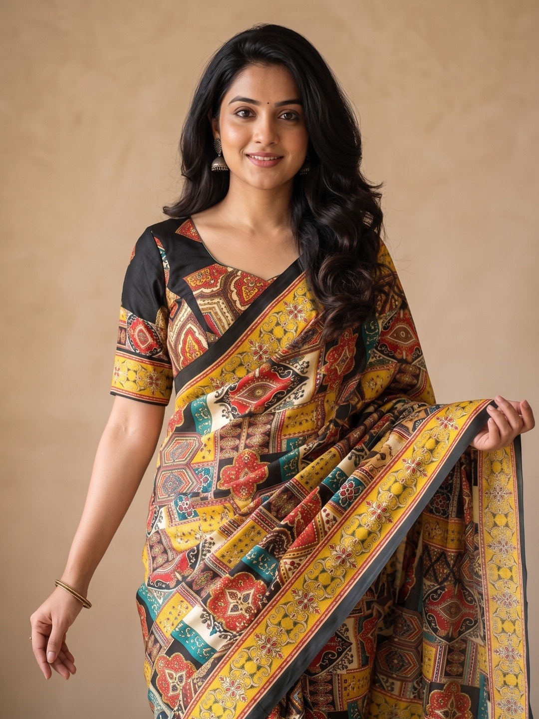Peachmode Yellow Chinon Saree With Ethnic Print And Mirror Work - Image 3