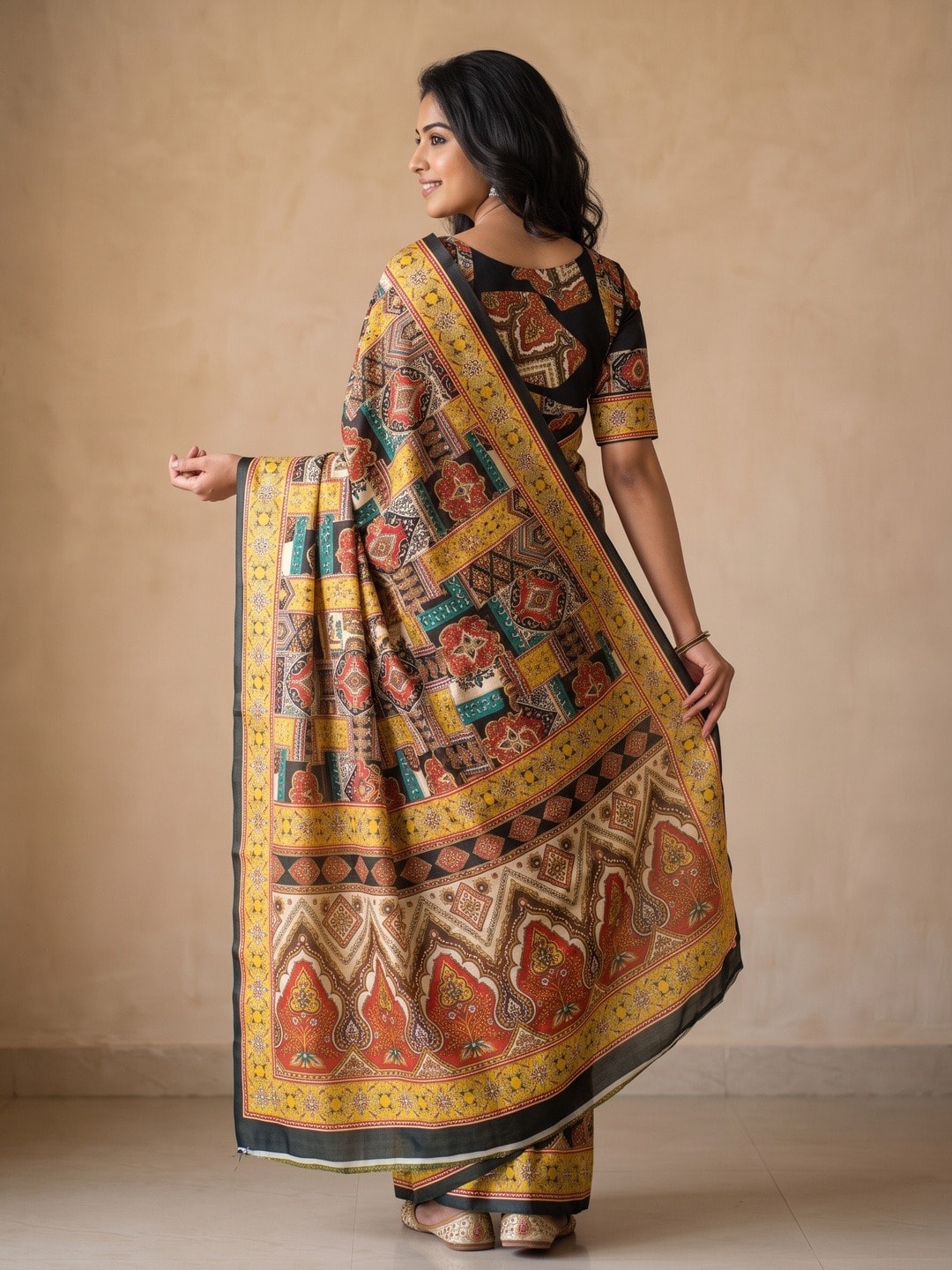 Peachmode Yellow Chinon Saree With Ethnic Print And Mirror Work - Image 4