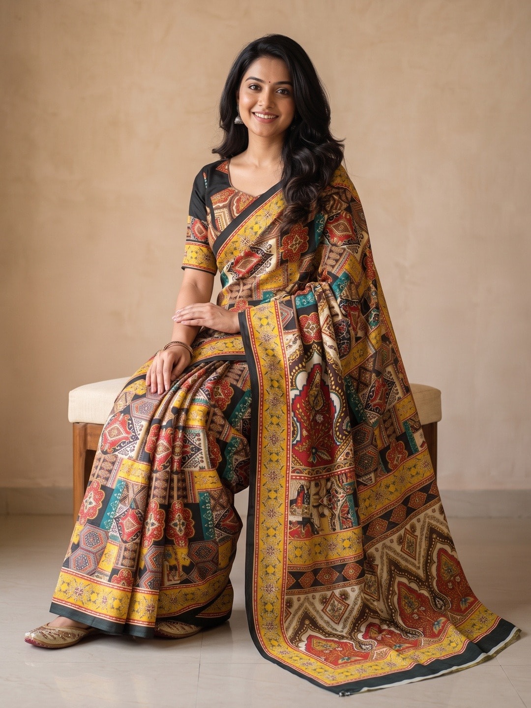 Peachmode Yellow Chinon Saree With Ethnic Print And Mirror Work - Image 5