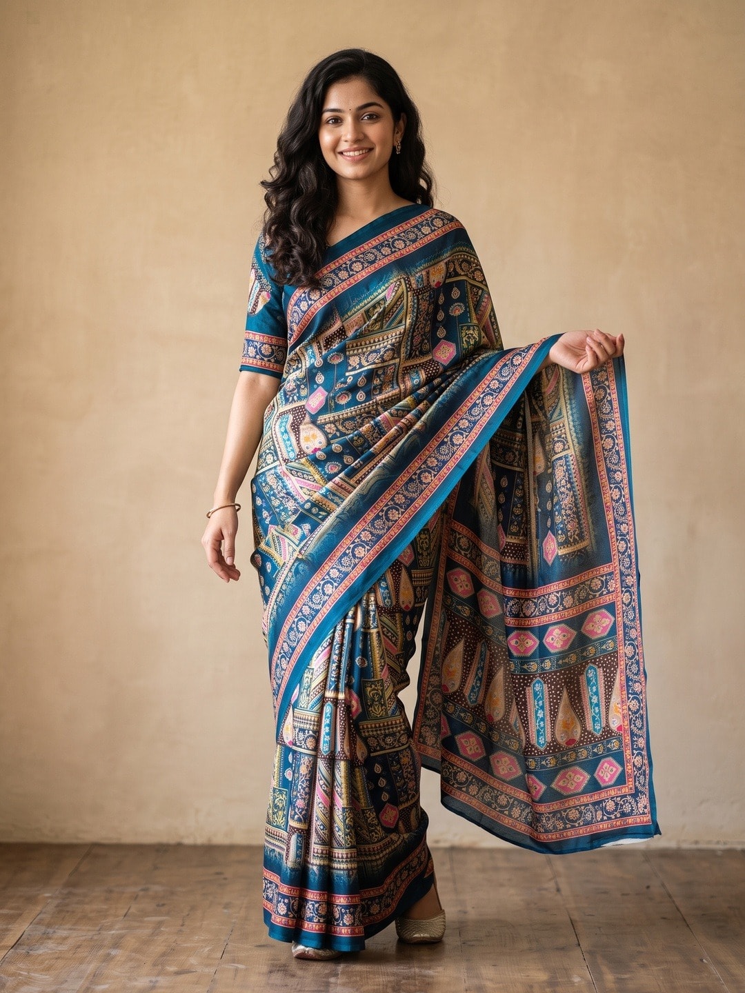 Peachmode Blue Chinon Saree With Ethnic Print And Mirror Work - Image 1