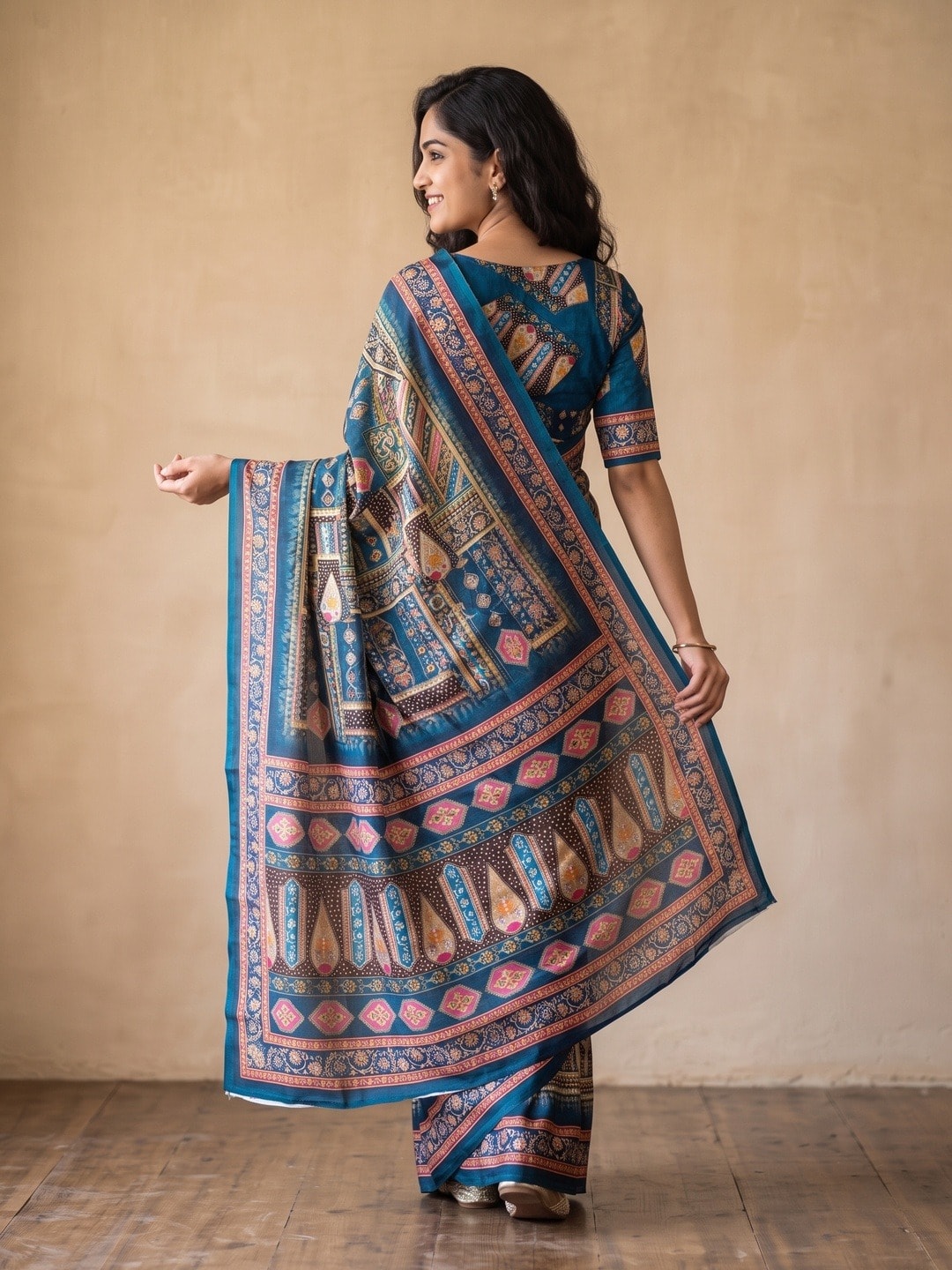 Peachmode Blue Chinon Saree With Ethnic Print And Mirror Work - Image 4