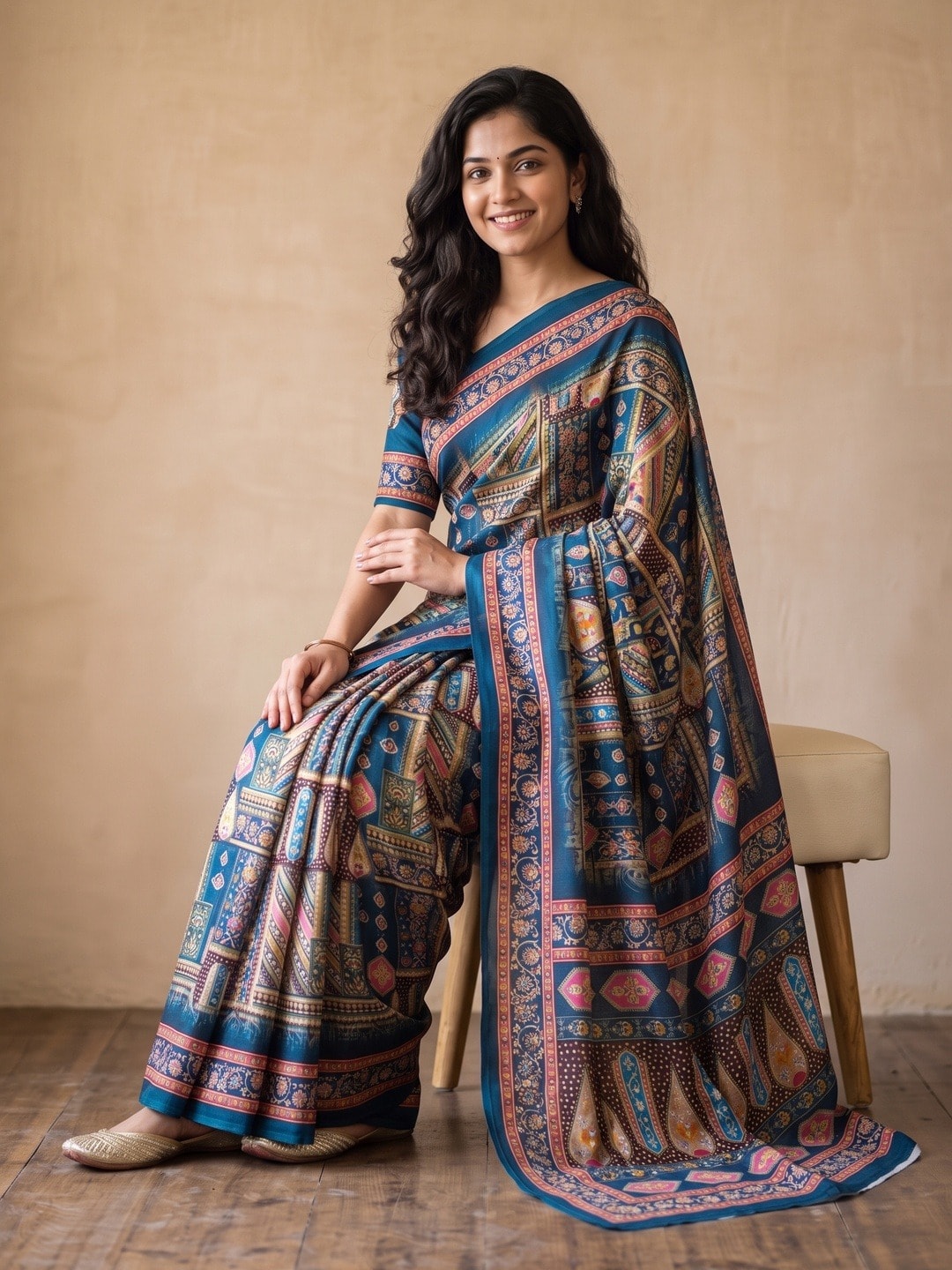 Peachmode Blue Chinon Saree With Ethnic Print And Mirror Work - Image 5