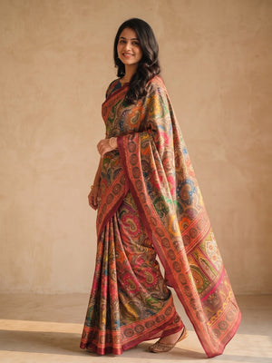 Peachmode Pink Chinon Saree With Ethnic Print And Mirror Work - Image 2