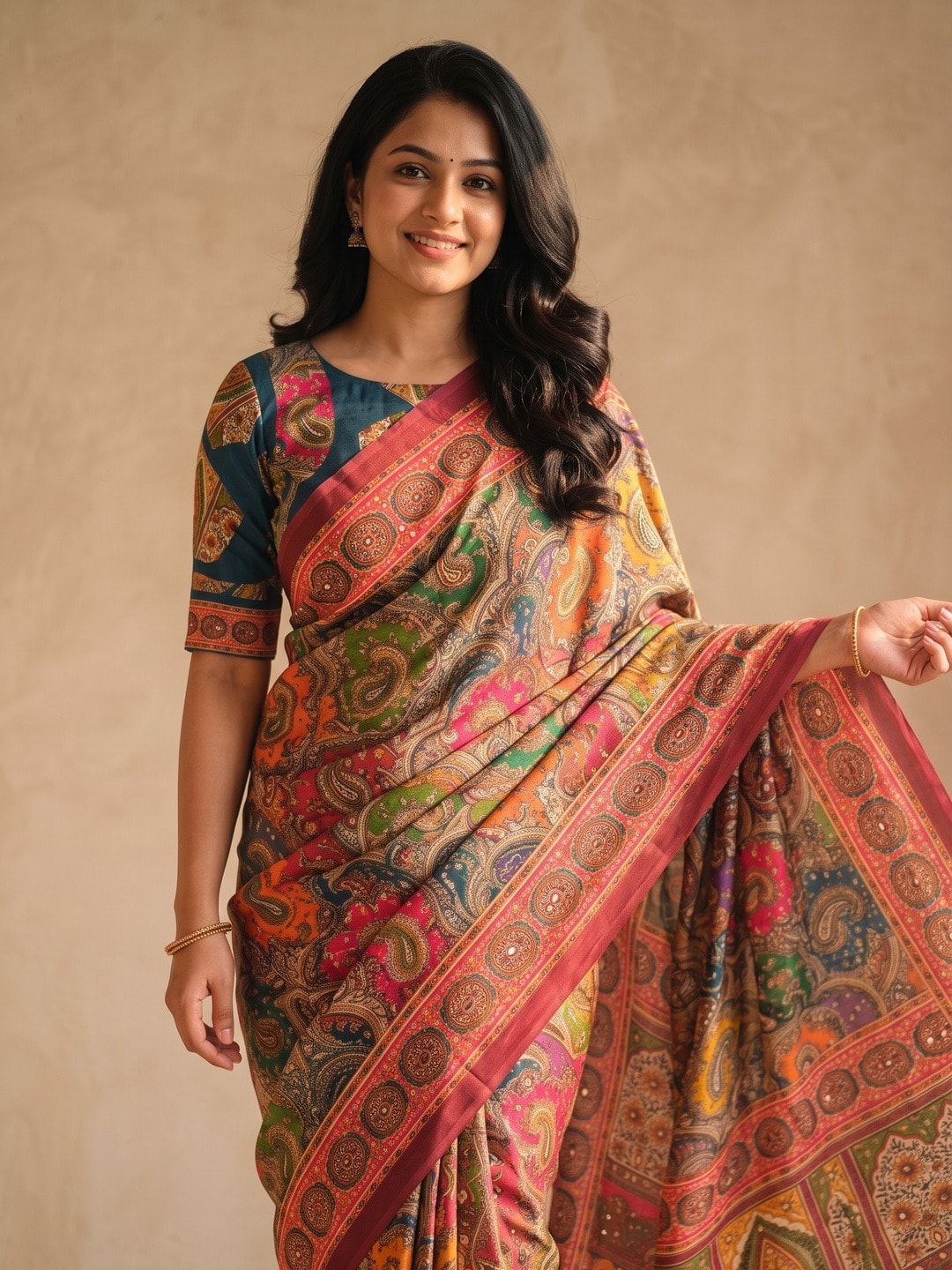 Peachmode Pink Chinon Saree With Ethnic Print And Mirror Work - Image 3