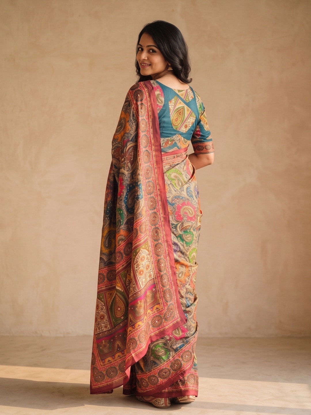 Peachmode Pink Chinon Saree With Ethnic Print And Mirror Work - Image 4