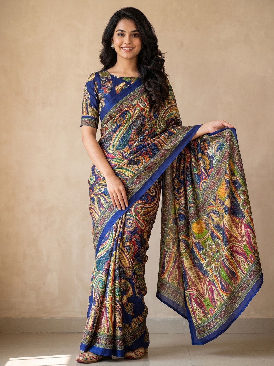 Peachmode Blue Chinon Saree With Ethnic Print And Mirror Work - Image 1