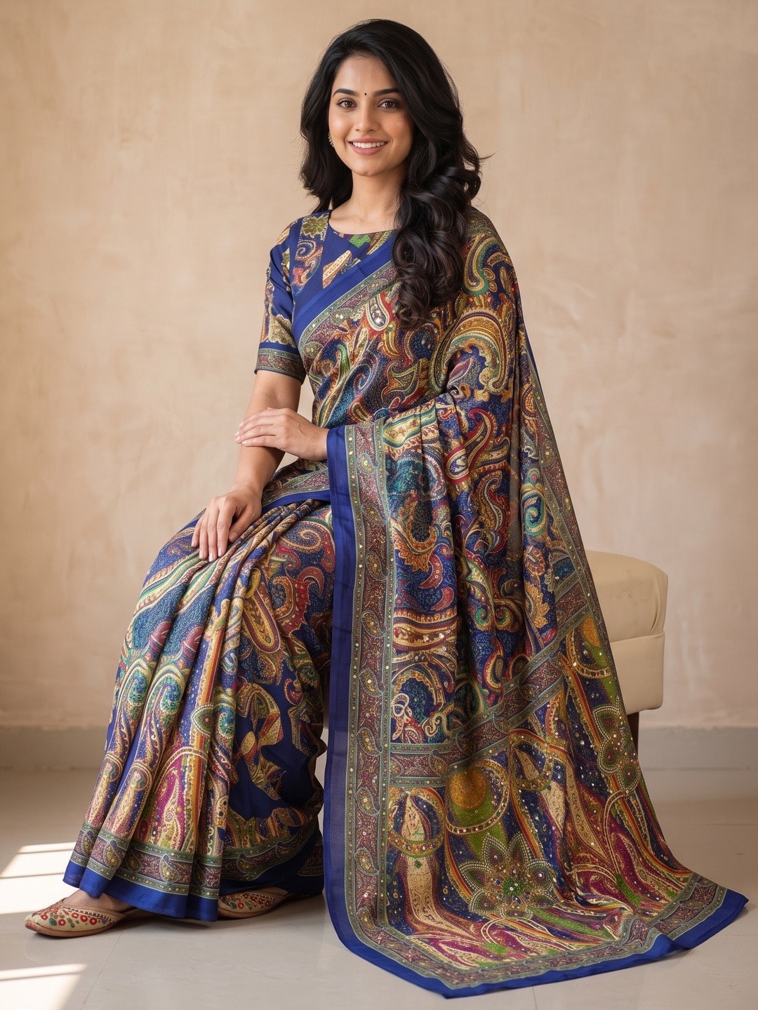 Peachmode Blue Chinon Saree With Ethnic Print And Mirror Work - Image 5