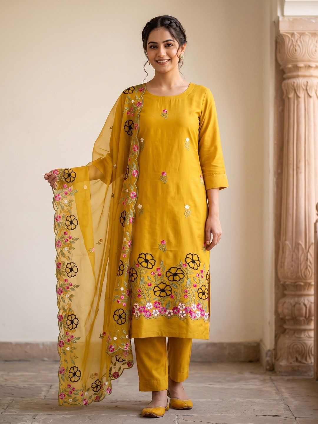 Peachmode Mustard Roman Silk Unstitched Dress Material With Multi Floral Embroidery And Organza Dupatta - Image 2