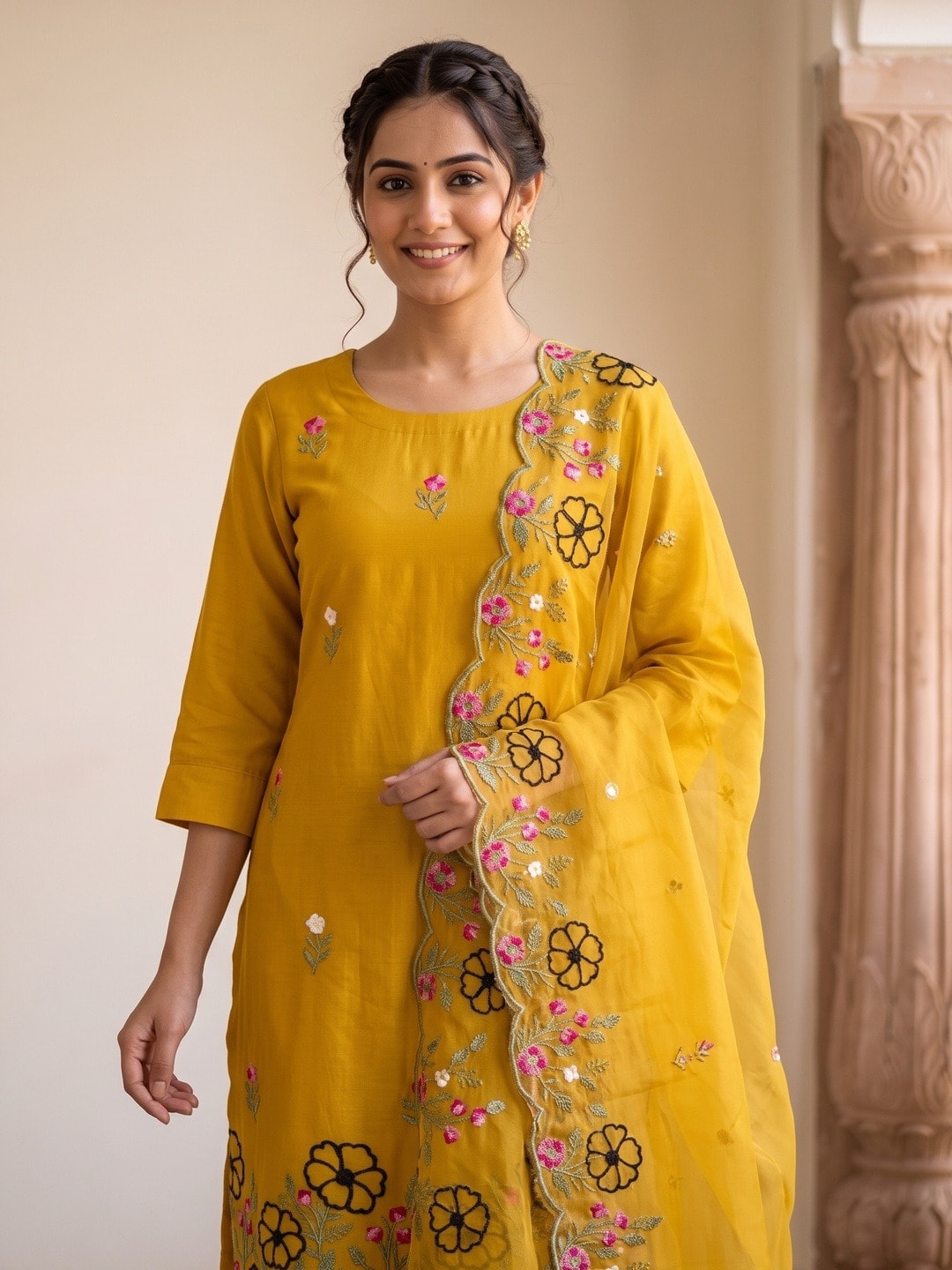 Peachmode Mustard Roman Silk Unstitched Dress Material With Multi Floral Embroidery And Organza Dupatta - Image 4