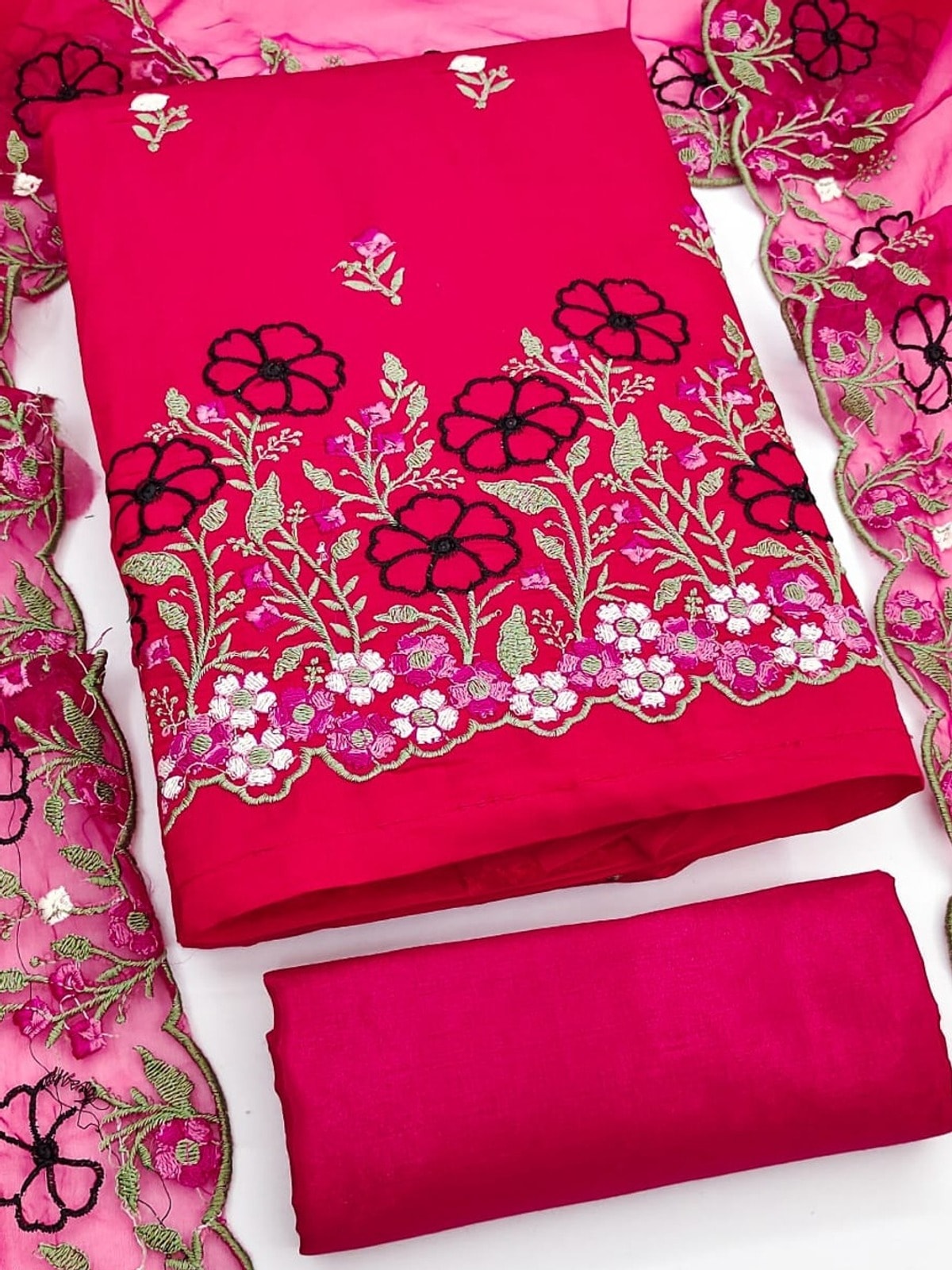 Peachmode Rani Pink Roman Silk Unstitched Dress Material With Multi Floral Embroidery And Organza Dupatta - Image 1