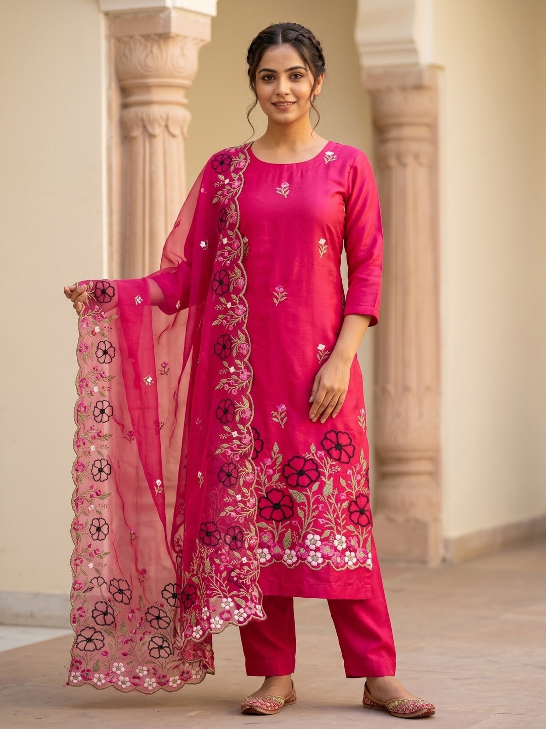 Peachmode Rani Pink Roman Silk Unstitched Dress Material With Multi Floral Embroidery And Organza Dupatta - Image 2