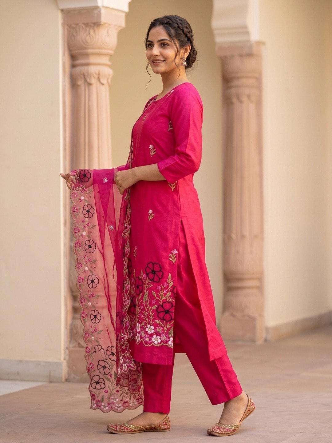 Peachmode Rani Pink Roman Silk Unstitched Dress Material With Multi Floral Embroidery And Organza Dupatta - Image 3