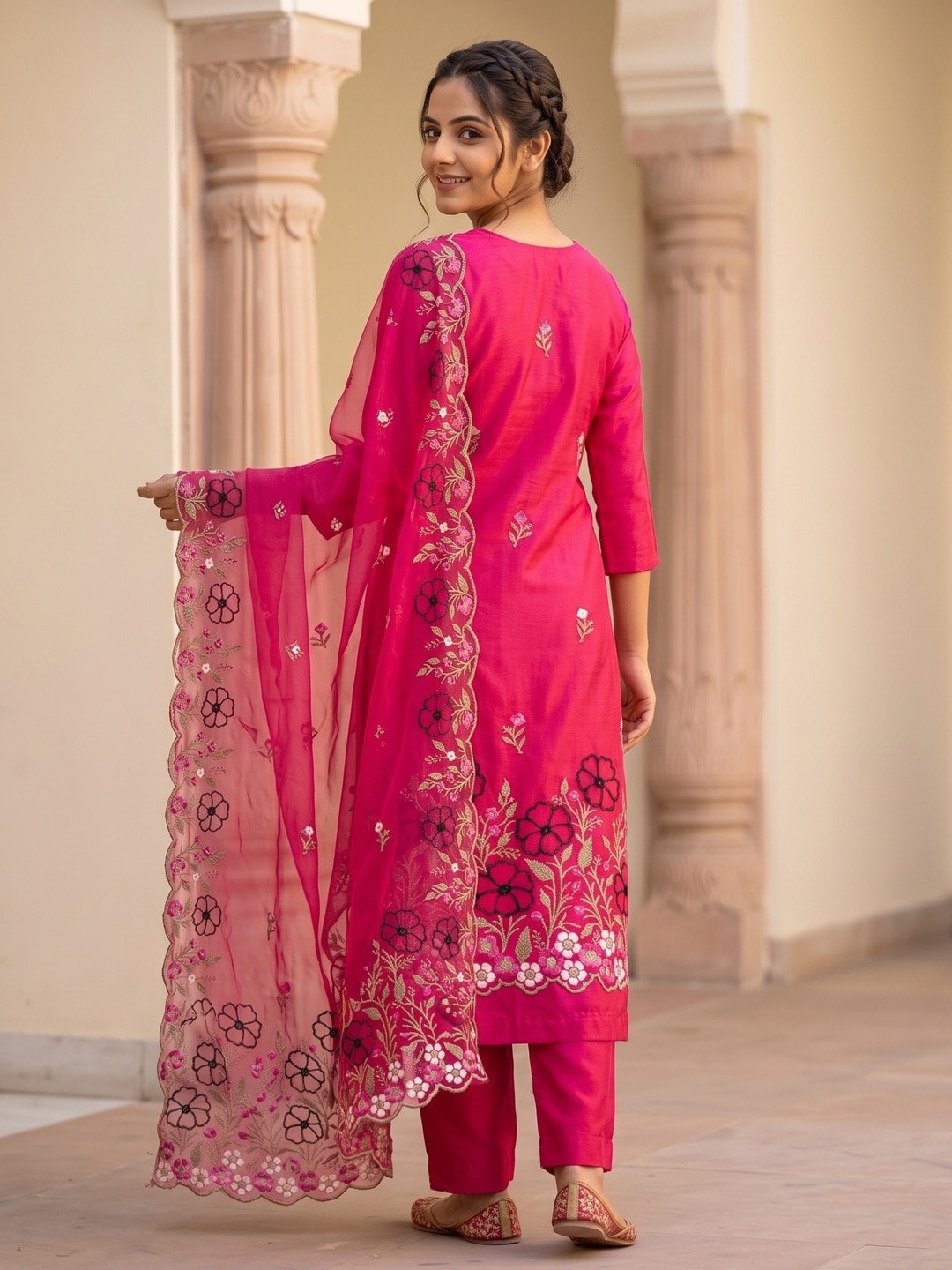 Peachmode Rani Pink Roman Silk Unstitched Dress Material With Multi Floral Embroidery And Organza Dupatta - Image 5