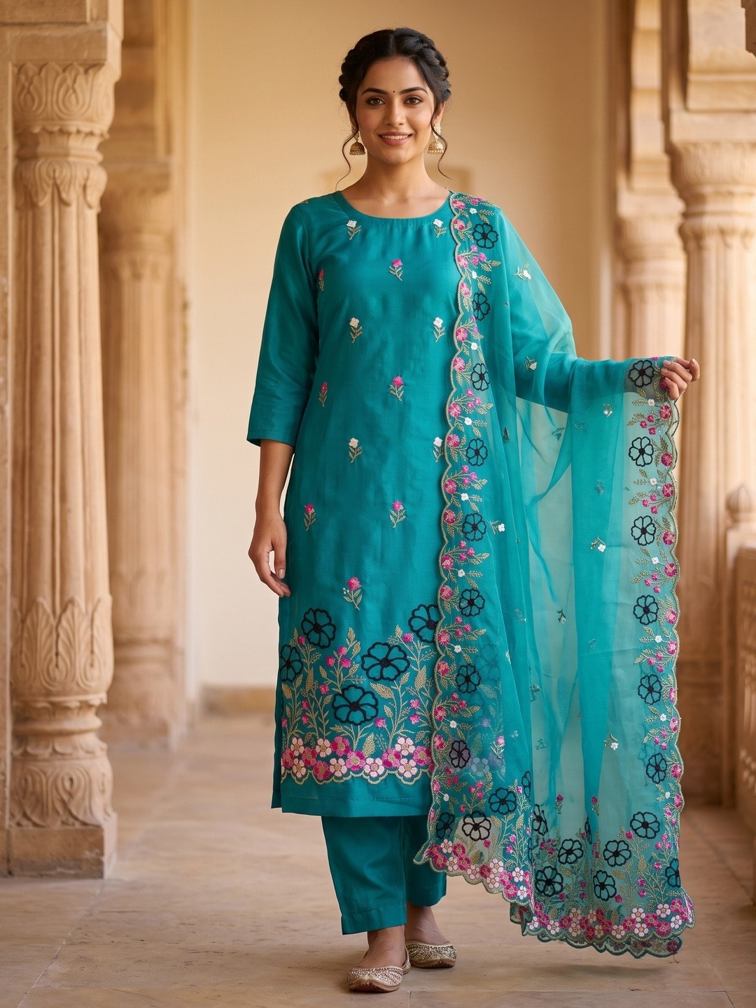 Peachmode Teal Roman Silk Unstitched Dress Material With Multi Floral Embroidery And Organza Dupatta - Image 2