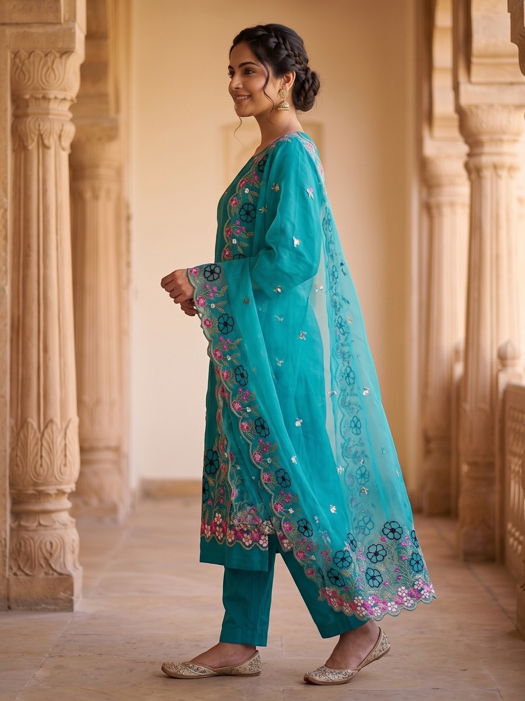 Peachmode Teal Roman Silk Unstitched Dress Material With Multi Floral Embroidery And Organza Dupatta - Image 3
