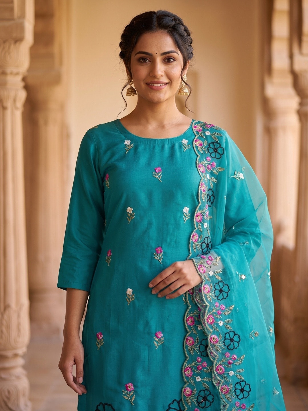 Peachmode Teal Roman Silk Unstitched Dress Material With Multi Floral Embroidery And Organza Dupatta - Image 4