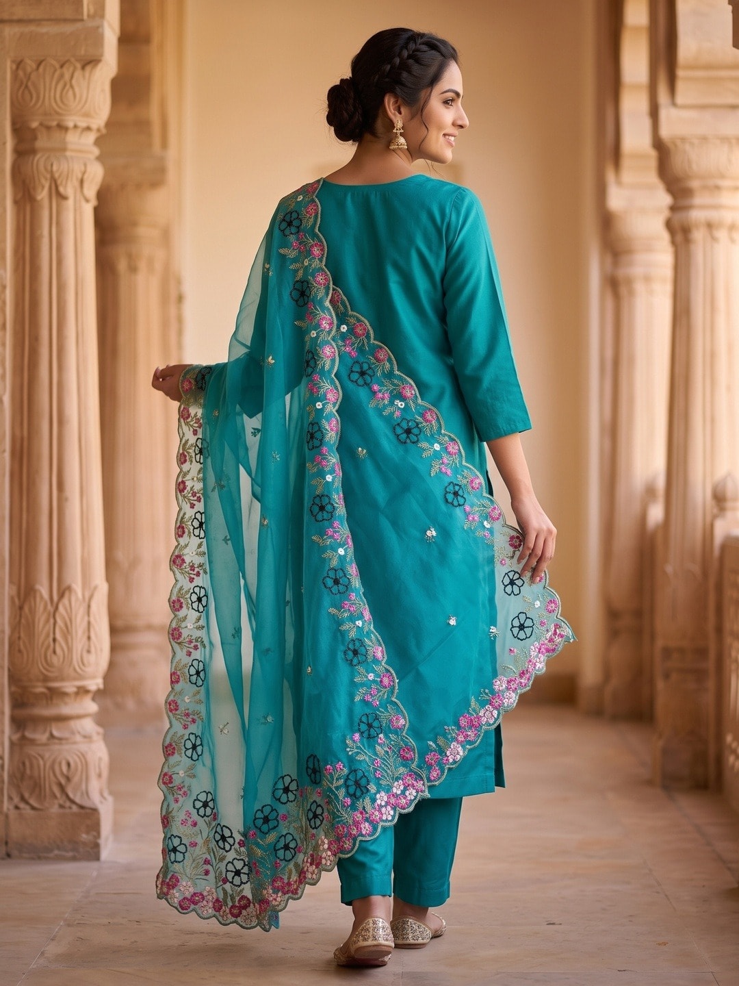 Peachmode Teal Roman Silk Unstitched Dress Material With Multi Floral Embroidery And Organza Dupatta - Image 5