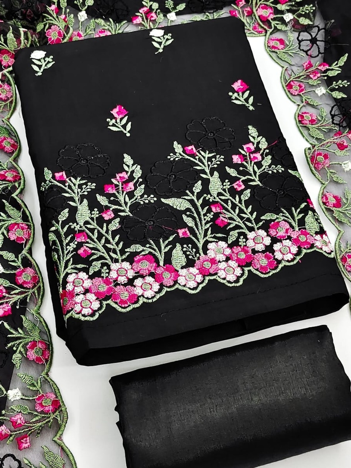 Peachmode Black Roman Silk Unstitched Dress Material With Multi Floral Embroidery And Organza Dupatta - Image 1