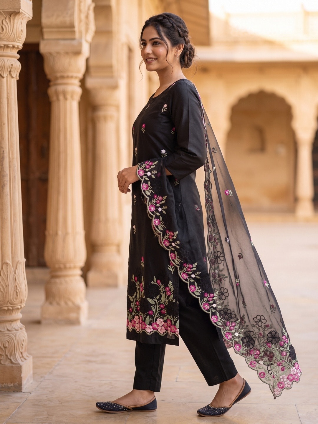 Peachmode Black Roman Silk Unstitched Dress Material With Multi Floral Embroidery And Organza Dupatta - Image 3
