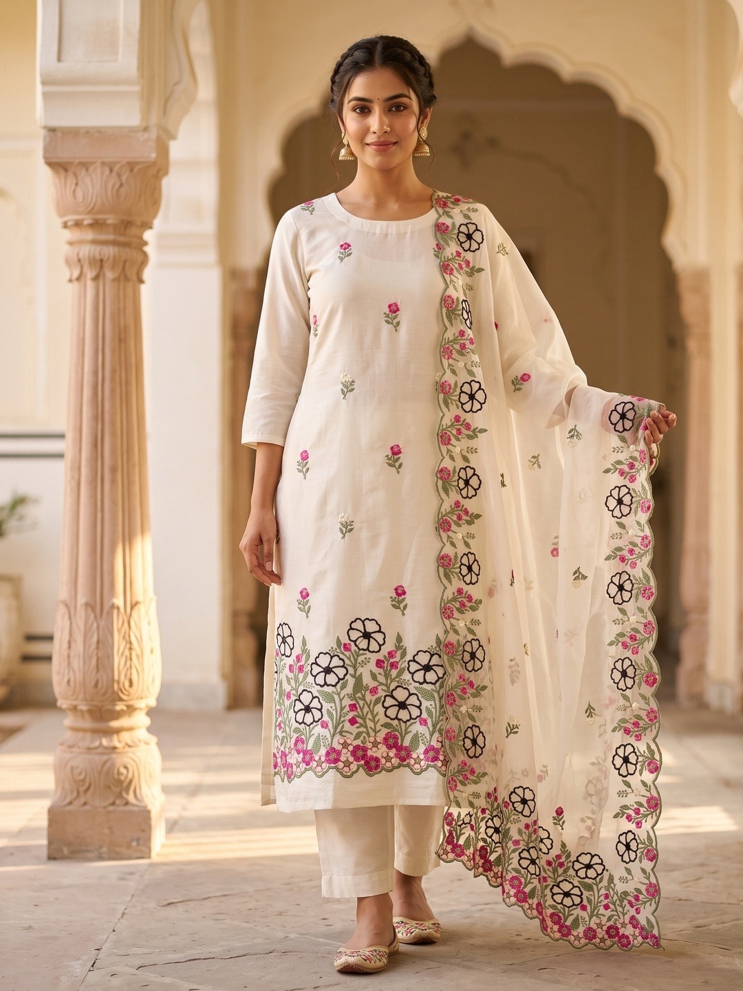Peachmode White Roman Silk Unstitched Dress Material With Multi Floral Embroidery And Organza Dupatta - Image 2