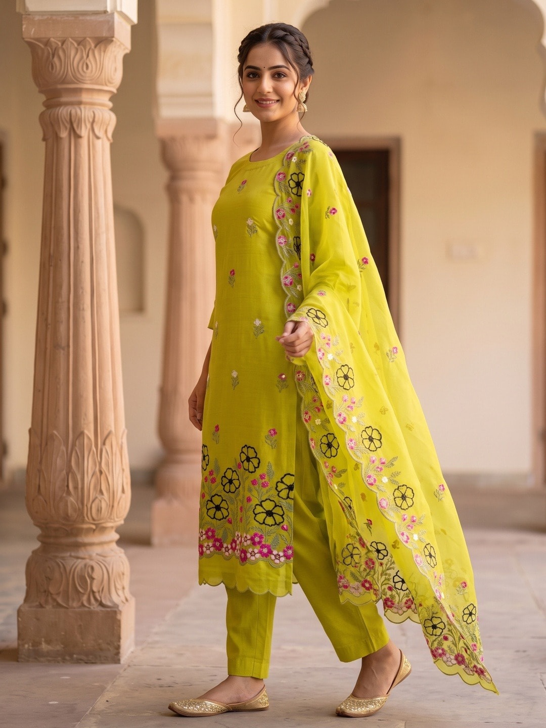Peachmode Lime Green Roman Silk Unstitched Dress Material With Multi Floral Embroidery And Organza Dupatta - Image 3