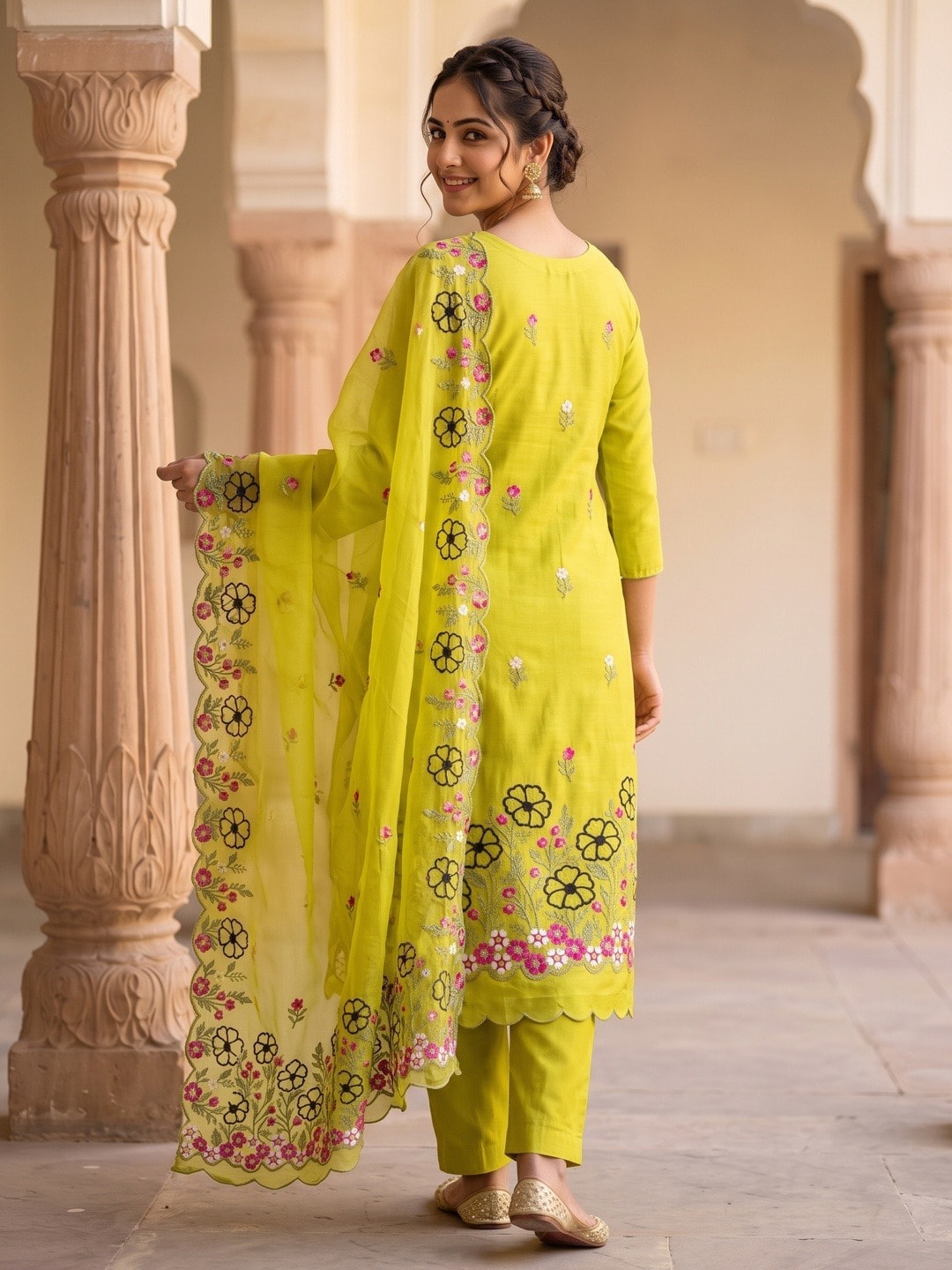 Peachmode Lime Green Roman Silk Unstitched Dress Material With Multi Floral Embroidery And Organza Dupatta - Image 5