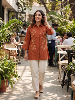 Peachmode Rust Cotton Flex Co-ord Set with Off White Cord Floral Embroidery - Image 2