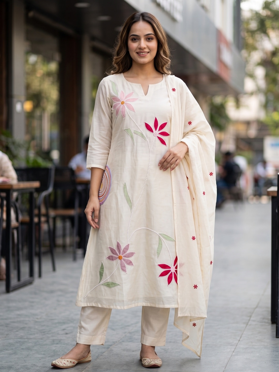 Peachmode Cream Mul Chanderi Applique Embroidered Salwar Suit - Image 1